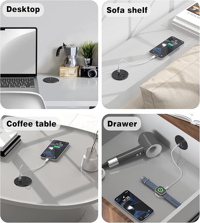 2 Pack Desk Grommet Power Outlet, 2.5 inch Desktop Recessed Outlet with 20W Fast Charging USB-C Port, Flush Mount Outlet for Conference Rooms, Office Tables, Furniture(ETL Listed)