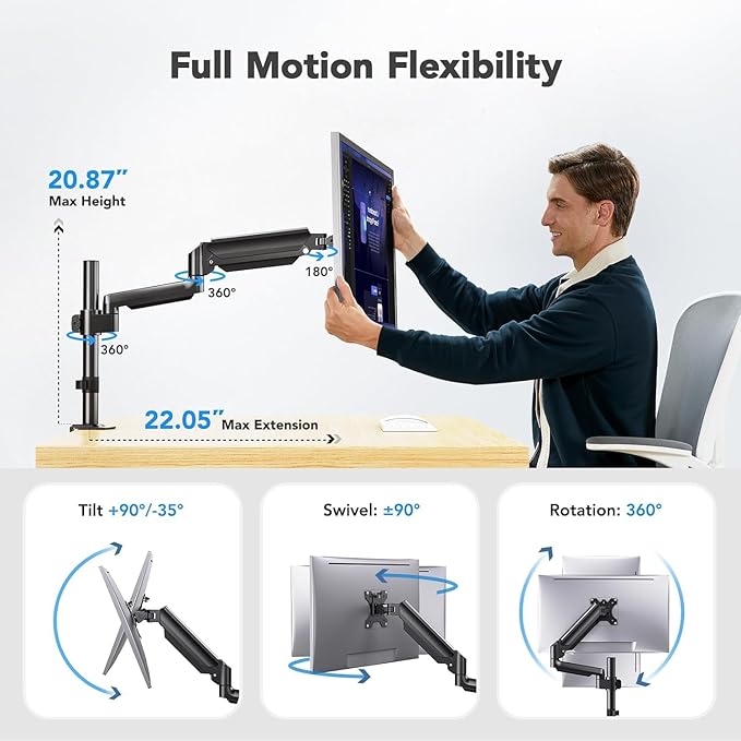 HUANUO Single Monitor Arm, Tall Computer Monitor Stand for 13–32 inch Screens Holds 4.4-19.8 lbs, Adjustable Monitor Mount Gas Spring Full Motion with C-Clamp & Grommet Base, VESA 75x75 or 100x100mm