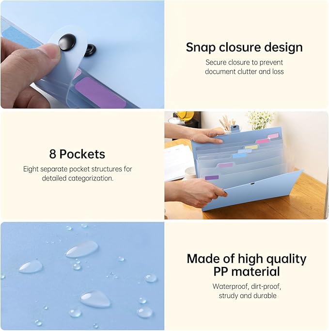 2 Pack Expanding File Folder Organizer with 8 Pockets, Accordion File Organizer for Documents, A4/Letter Size Paper File Folder Organizer with Labels, Portable Folders for School Office Supplies, Blue