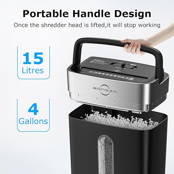Bonsen 10-Sheet Cross Cut Paper Shredder for Home Office, P-4, Portable Handle, 4 Gallons Bin, Paper and Credit Card Shredder, Black (S3201 New Version)