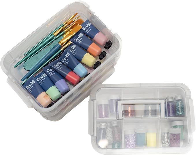 Everything Mary Clear 4-Tier Stackable Snap Box – Portable Plastic Craft Organizer for Paint Bottles, Glitter, Beads, Sewing Notions, DIY Supplies – Clear Storage Container with Handle