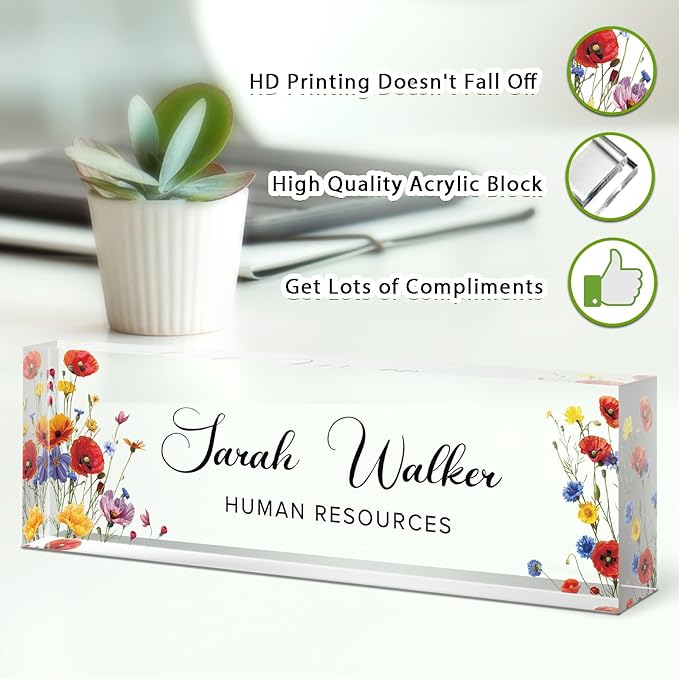 Name Plate for Desk, Desk Name Plate Personalized, Flowers Office Decor for Women Men, Acrylic Desktop Accessories, Office Gifts for Boss Nurse Teacher Coworker, Employee Appreciation Gift (Pink/Blue)