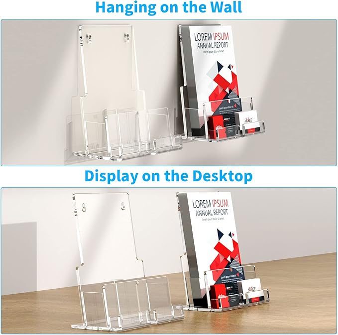 NIUBEE Acrylic Brochure Holder 8.5*11/ 4*9 inches , Clear Brochure Display Wall Mount Stand with Acrylic Business Card Holder, Plastic Flyer Display Stand for Magazine, Pamphlet, Booklets, Menu, Journals(2-Packs )