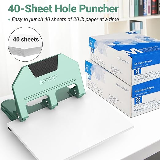 AFMAT 3 Hole Punch, 9/32" Holes, 40-Sheet 3 Hole Puncher for Binder, 50% Reduced Effort, Metal Heavy Duty Three Hole Punch w/ 10,000+ Uses, Bulit-in S.S. Paper Guide, Large Chip Tray, Green, HPX3