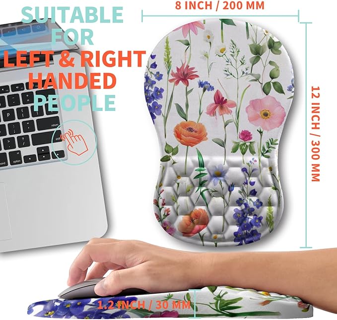 Ergonomic Mouse Pad Wrist Support with Memory Foam Massage Bulge, Carpal Tunnel Pain Relief Mousepad Wrist Rest for Mouse(12x8 inch, Flowers)