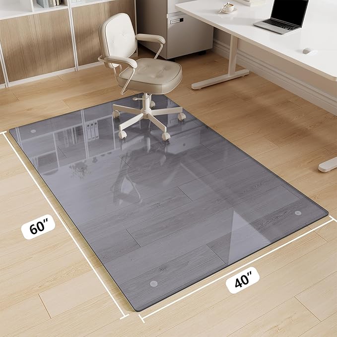 FlyEcho Glass Chair Mat 40" x 60" Heavy Duty Tempered Glass Office Chair Mat, Glass Floor Mat with Round Corner and Polished Edge for Smooth Glide, Carpet Hardwood Floor Protector, Grey