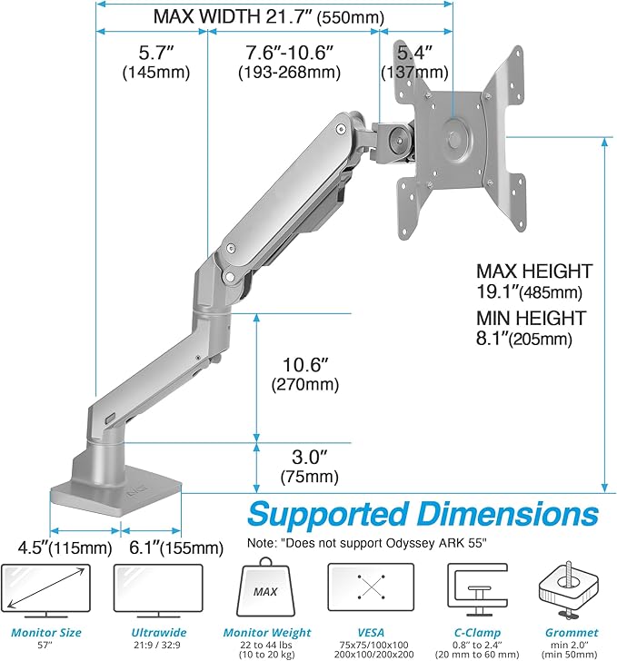 AVLT Single 34”-57” Monitor Arm Desk Mount fits One 44 lbs Heavy Duty Screen Full Motion Height Swivel Tilt Rotation Adjustable Gray Arm VESA 200x200 200x100 100x100 75x75