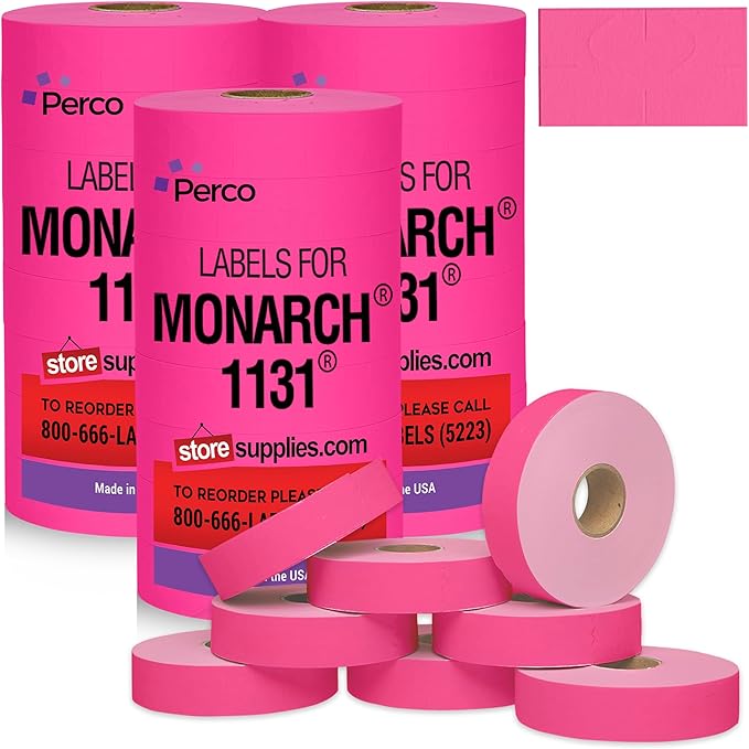 Fluorescent Pink Pricing Labels for Monarch 1131 Price Gun – 3 Sleeves, 24 Rolls Value Pack - 60,000 Price Marking Labels – with Ink Rolls Included