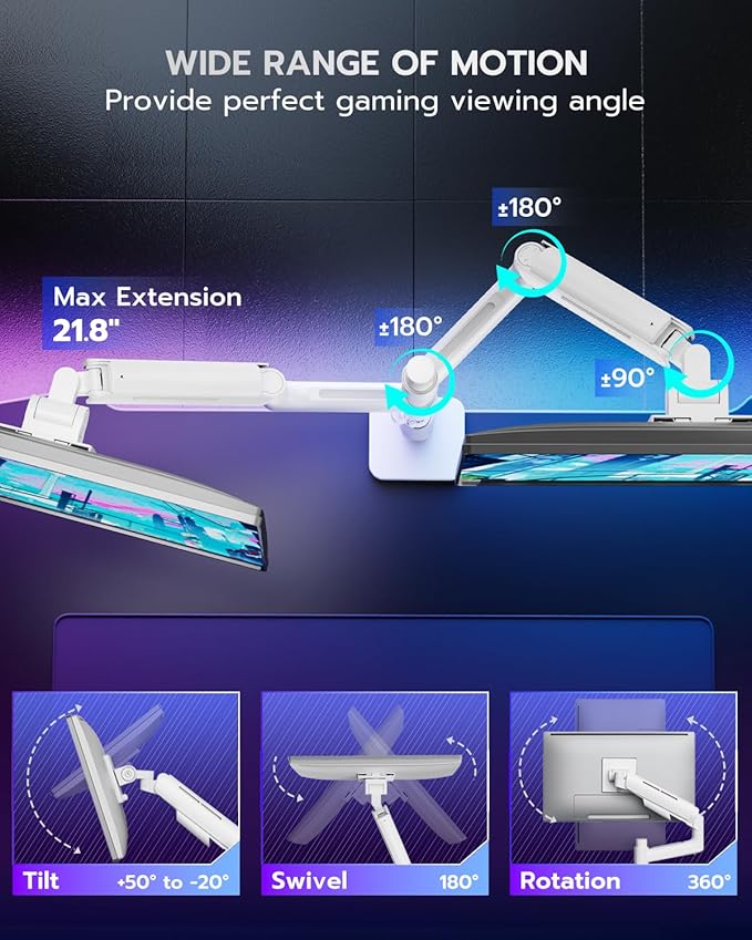 ARES WING Dual Monitor Mount for 17-49 Inch Ultrawide Heavy Duty Curved Screen, Computer Monitor Arm Desk Mount, Gas Spring Adjustable Dual Monitor Stand for Desk, White