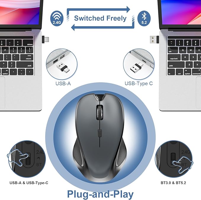 Mouse for MacBook Wireless Bluetooth Mouse Laptop MacBook Air Mac Pro Rechargeable Silent PC iPad Optical Mouse with Jiggler Dual Mode Switch Bluetooth 5.2/3.0 and 2.4GHz USB Type-C Receiver Black