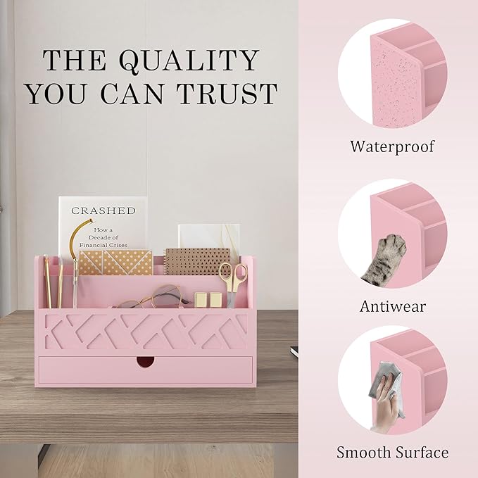 Wisuce Bamboo Mail Organizer Countertop Desktop with Drawer - All-in-One Desk File Organizer with Pencil Holder (Pink)