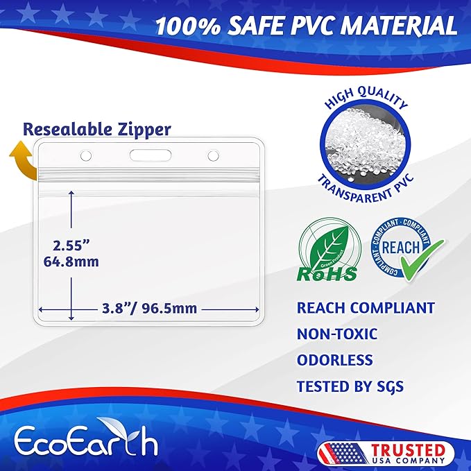EcoEarth - Horizontal PVC ID Badge Holder with Metal Clips & Vinyl Straps with Soft Edge - Sealable Fits 3.5x2.25 inch Inserts - Clear, 100 Pack - Waterproof ID Card Holder Bulk - Name Tag