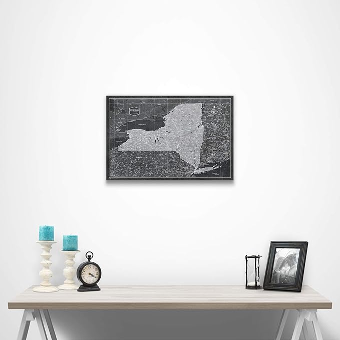 Conquest Maps Push Pin New York Map Board - With Push Pins to Mark New York Travels - Handmade in Ohio, USA - Design: Modern Slate