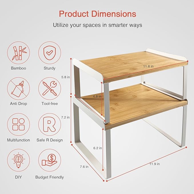 Kitchen Cabinet Organizer Set of 4, Desk Shelf Riser, Stackable Cabinet Pantry Cupboard Organizer, Kitchen Counter top Shelf, Storage Rack for Spices, Plates, Bamboo Wood, White