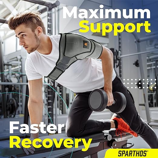 Sparthos Shoulder Brace - Adjustable Support Sleeve for Torn Rotator Cuff, AC Joint Relief, Shoulder Stability & Compression - Fits Bicep 10-14 in, Left or Right, Men & Women - Measure Before Purchase