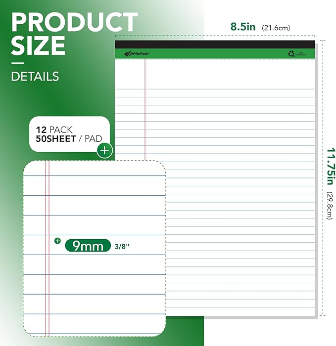 KAISA Legal Notepads 8.5"x11.75"，12pads 600 Sheets note pads Writing Pads Recycled Paper, Wide Ruled Perforated 50 sheets Hard Back Notepads 8-1/2"x 11-3/4" Writing Tablet Canary For Office Supplies (Pack of 12pc) KSU-5293