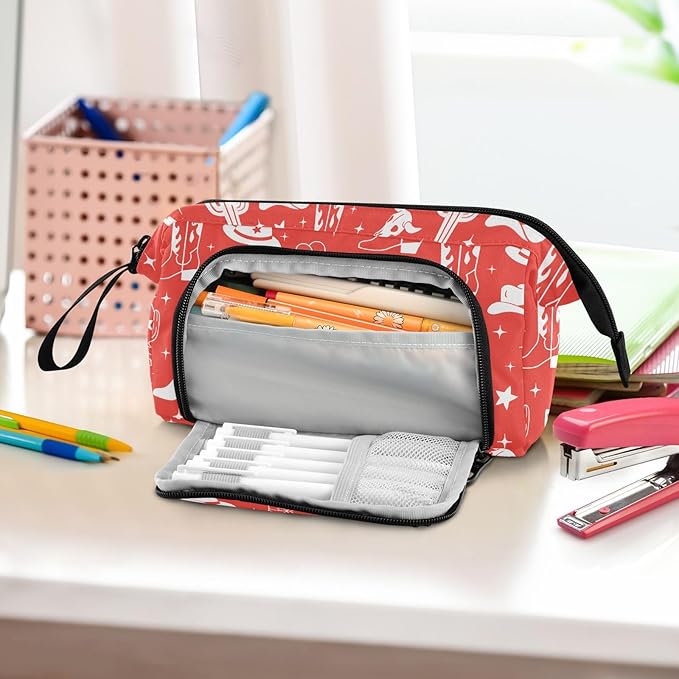 Western Cowboy Red Pencil Case Pouch Big Capacity Pencil Bag Box Organizer Pen Case with Compartmens Stationery Organizer for Girls Boys Women Kids Adults School