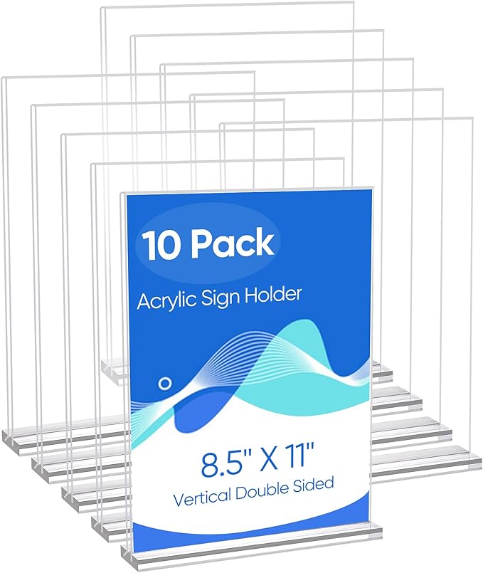 10 Pack Acrylic Sign Holder 8.5 x 11, Clear Double Side T Shape Acrylic Table Sign Stands for Display, Flyer Holder Paper Card Holder for Office Business Store Malls Restaurants