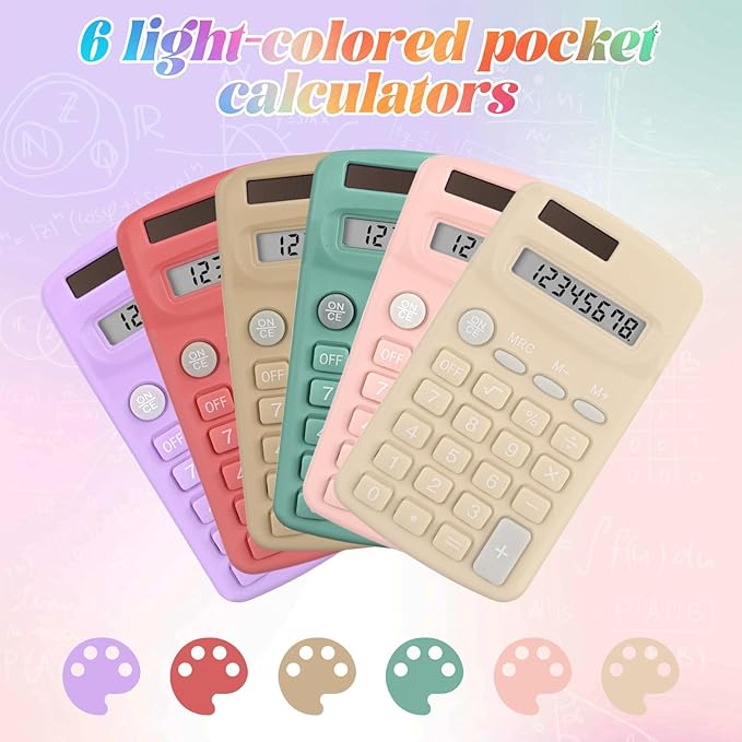 36 Pcs Pocket Size Basic Calculators Bulk for Classroom Solar Battery Dual Power Display Calculator 8 Digit Colored Basic Calculator for Kids Student School Office