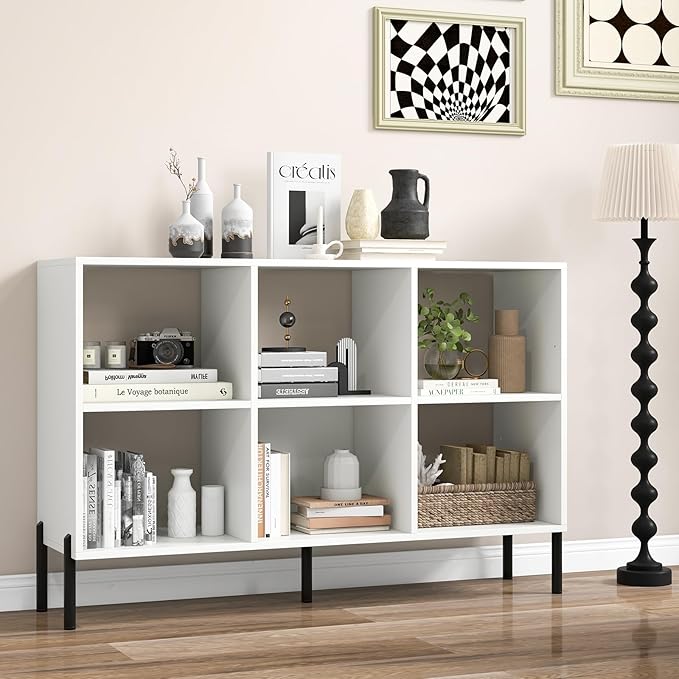 Giantex 6 Cube Bookcase, 3-Tier 47" Long Wood Bookshelf w/ 5 Metal Legs, Adjustable Shelf, Anti-toppling Device, 31.5" Tall Floor Open Shelf Bookcase, Freestanding Wooden Cube Storage Shelves