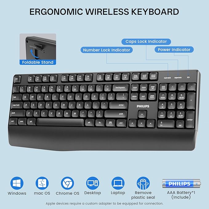 PHILIPS Wireless Keyboard and Mouse Combo-Ergonomic Keyboard and Mouse Wireless Combo with Silent Design,Plug n' Play,Sleep Mode and 2.4GHz Keyboard for Mac, Windows, Laptop-Black