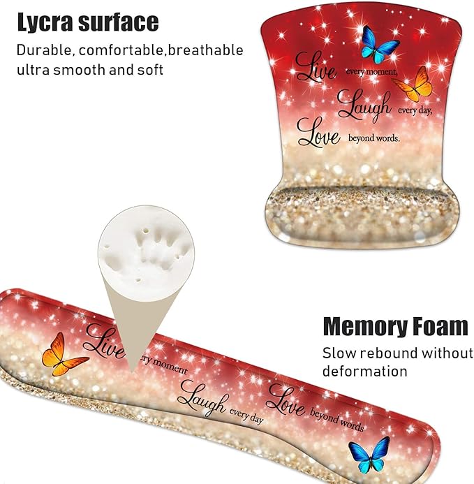 Keyboard Wrist Rest and Mouse Pad Wrist Support Set with Coasters, Non-Slip PU Base Ergonomic Mousepad for Computer Laptop Home Office Easy Typing & Pain Relief, Red Glitter Quote Live Laugh Love