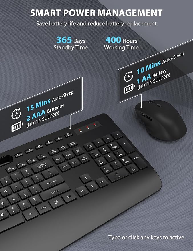 Wireless Keyboard and Mouse Combo - Full-Sized Ergonomic Design with Cushioned Wrist Rest, Built-in Phone Stand, Quiet 2.4GHz USB Connectivity for PC, Laptop - Trueque (Black, 2 Pack)