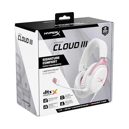HyperX Cloud III – Wired Gaming Headset, PC, PS5, Xbox Series X|S, Angled 53mm Drivers, DTS, Memory Foam, Durable Frame, Ultra-Clear 10mm Mic, USB-C, USB-A, 3.5mm – Pink