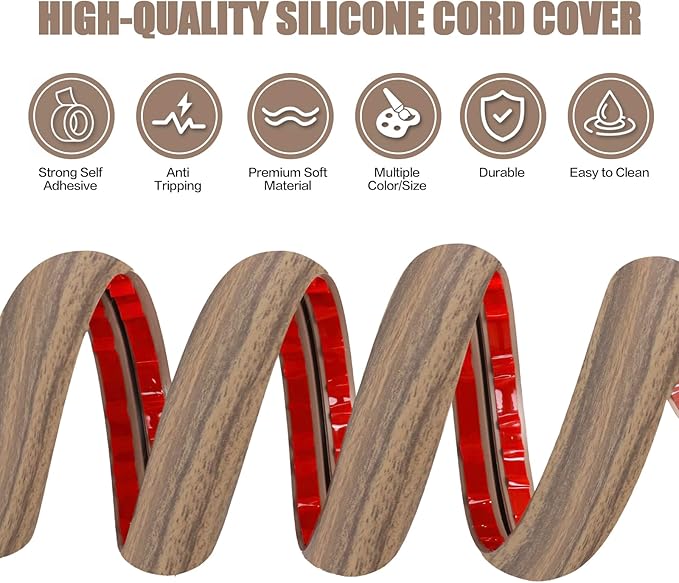 Floor Cord Cover Cavity 0.8"x0.37" Self Adhesive Cord Hider, 10FT Low Profile Cable Management, Extension Strip Protector for Wires, Prevent Cable Trips for Offices, Gyms,(Wood Smoked Brown)