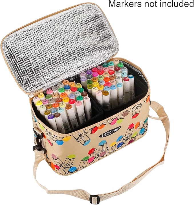 Toprema New Marker Pen Case Holder for 120 Markers Organizer Multifunctional Zipper Storage Carrying Bag with Pattern Khaki