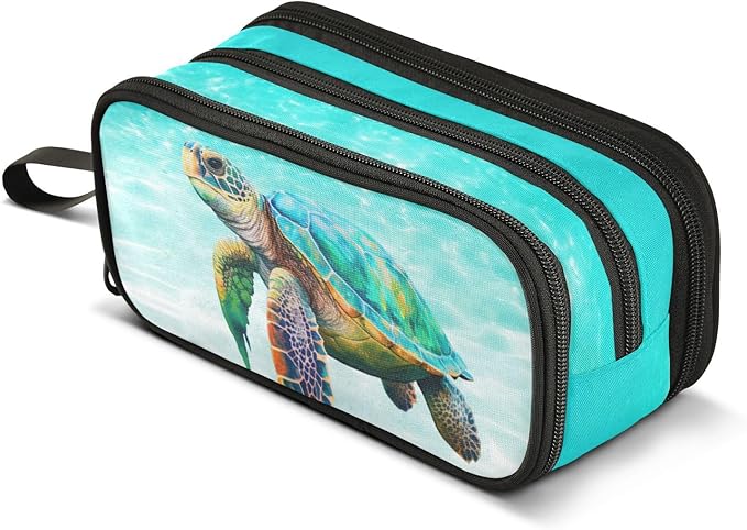 Sea Turtle Teal Pencil Case Box Boys Girls Large Pencil Pouch with Zipper Compartments Big Capacity Stationery Pen Bag Organizer for Kids Teens Adults School Office