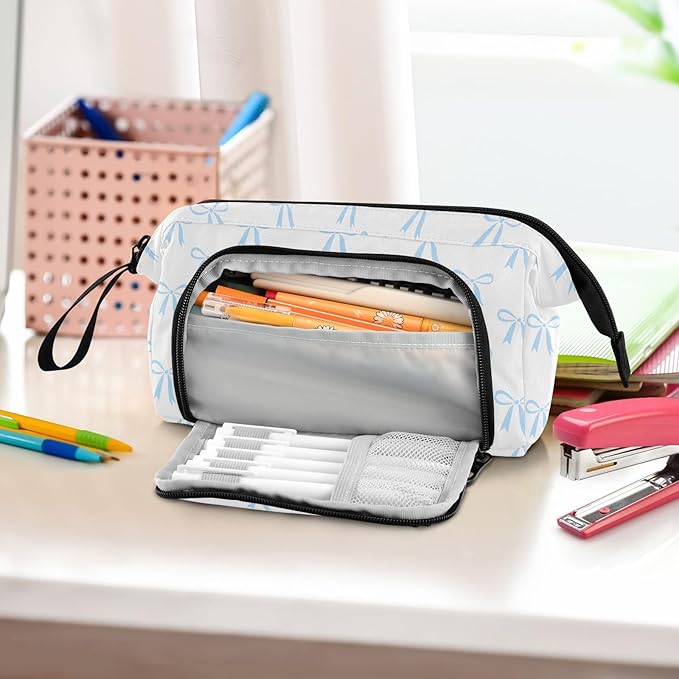Bow White Pencil Case Pouch Big Capacity Pencil Bag Box Organizer Pen Case with Compartmens Stationery Organizer for Girls Boys Adults Women School Office