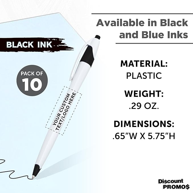 DISCOUNT PROMOS Custom Slim Curvy Ballpoint Pens Set of 10, Personalized Bulk Pack - Black Ink, Retractable, Great for Office, School, Tradeshows - Black