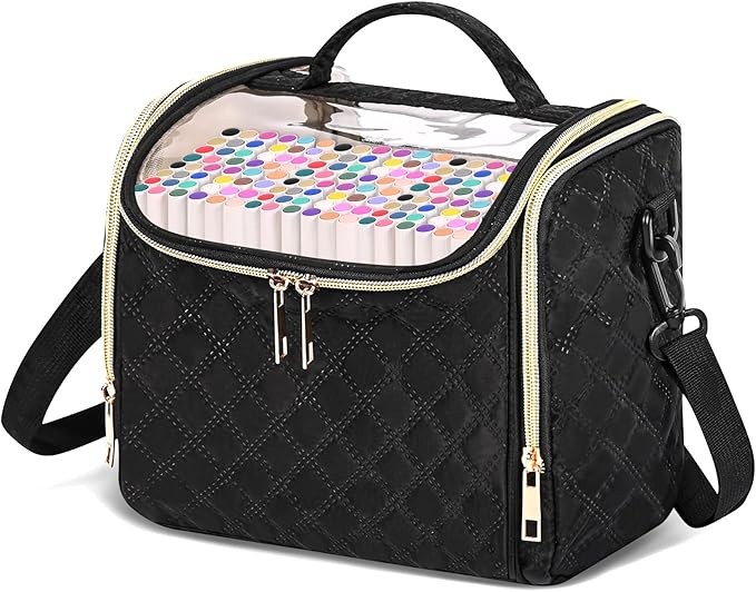 Marker Organizer Case for 72 Markers, Small Marker Storage Bag with Removable Divider & PVC Top, Portable Marker Pen Carrying Case with Handle & Shoulder Strap, Black