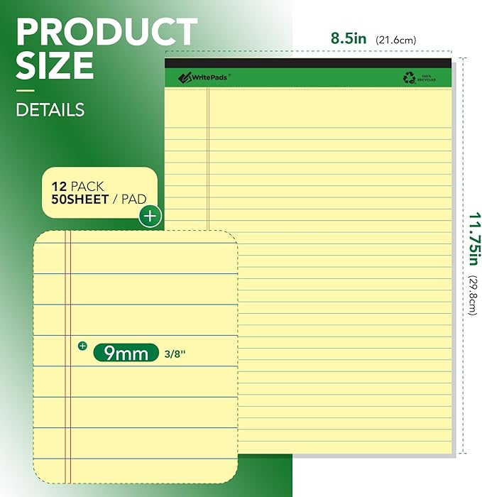 KAISA Legal Notepads 8.5"x11.75"，12pads 600 Sheets note pads office supplies Recycled Paper 8.5"x11.75" Wide Ruled 50 sheets Hard Back Notepads 8-1/2"x 11-3/4" Writing Tablet Canary For Office Supplies (Pack of 12) KSU-5668