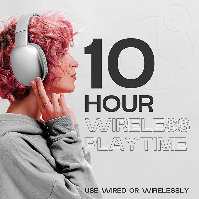 iJoy Ultra Wireless Over-Ear Bluetooth Headphones with Mic, Up to 10 Hours Playtime, Bluetooth Headset 33Ft Range with Backup AUX Cable & SD Slot, Wireless Headphones for Gaming, Work & Gym (Silver)
