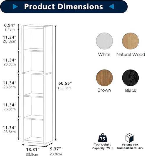 5 Cube Storage Organizer Single Row, Cube Shelf with Heavy-Duty Thick Boards, 13.31" L x 9.37" W x 60.55" H, Smooth Easy-Clean Panels, Simple Assembly, for Living Room Bedroom Office, Brown