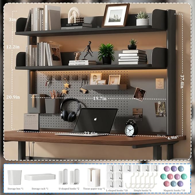 Clamp On Desk Shelf Desktop Hutch Bookshelf Desk Organizer Storage Shelves with Pegboard DIY Display Stand Adjustable Space-Saving Suitable for Dormitories,Studies,Offices,Workbenches