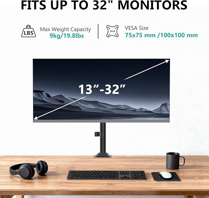 WALI Single Monitor Arm Desk Mount for 13-32 Inch Screens, Premium Gas Spring Monitor Stand with Full Motion Tilt, Swivel, Rotation, Holds up to 19.8 lbs, C-Clamp Mount for VESA 75/100mm (GSDM001S)