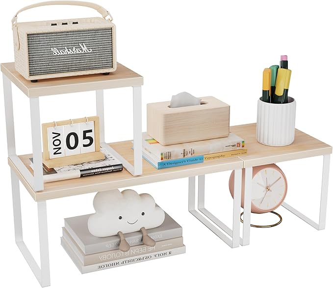 Aothia Wood Desktop Shelf for Top of Desk - 2-Tier Adjustable Bookshelf Organizer, Freestanding Stackable Shelves for Office, Home, Kitchen Counter (Oak)