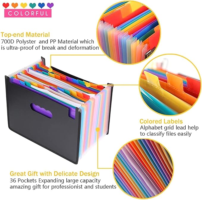 36 Pockets Accordian File Organizer,Expanding File Folder,Filing Folders,Expandable A4/Letter Size Folder, Accordion Document Organizer,Portable Paper/Bill/Receipt Folders with 2 A-Z Blank Tabs