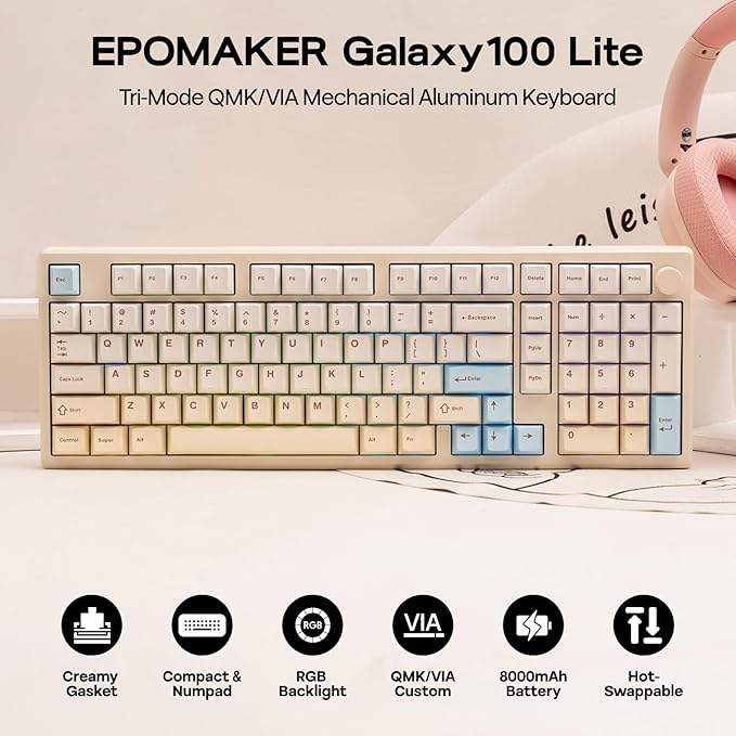 EPOMAKER Galaxy100 Lite QMK/VIA Gaming Keyboard with 8000mAh Battery and Numpad, 1800 Aluminum Mechanical Keyboard, USB-C/BT/2.4Ghz, Hot-Swap, Creamy Sound (Creamy White, Wisteria Linear Switch)
