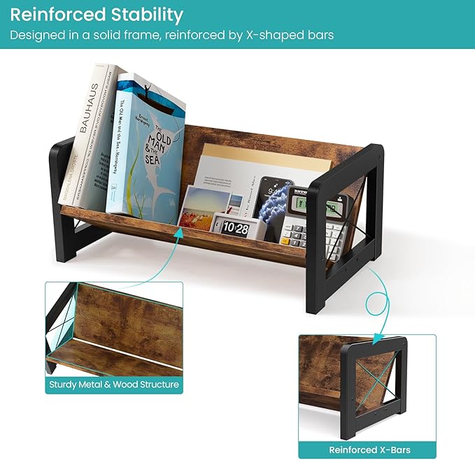 ELITEROO Desktop Bookshelf Organizer, Wood Slanted Desk Bookshelf, Small Tabletop Book Rack, Portable Mini Bookcase for Book Display, Cookbooks, Kids Reading, Office & Home Storage, Rustic Brown