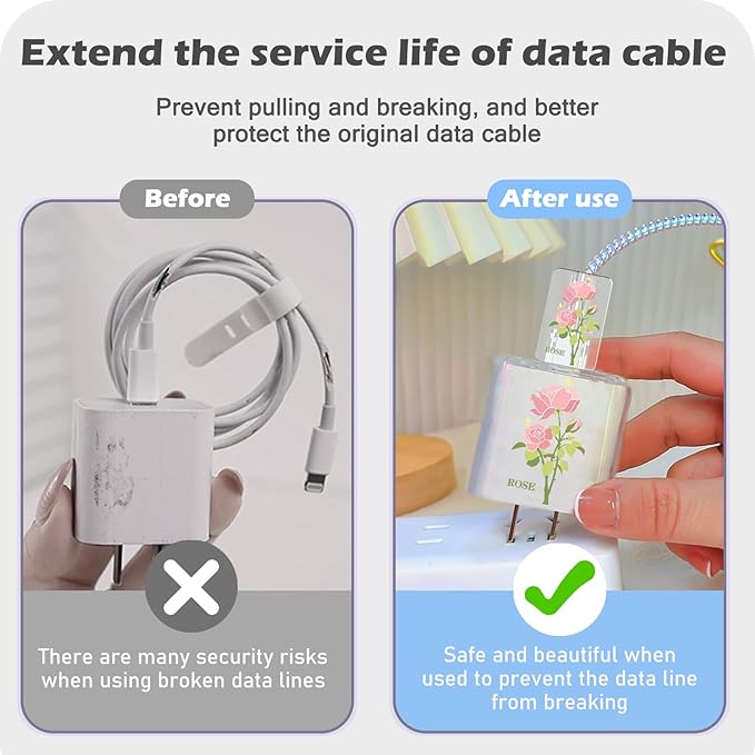 Flowers DIY Cable Protector for iPhone 18W/20W Charger,Pink Rose Pretty Design Transparent Data Line Cable Saver Phone Charging Protector for Apple Charger Case