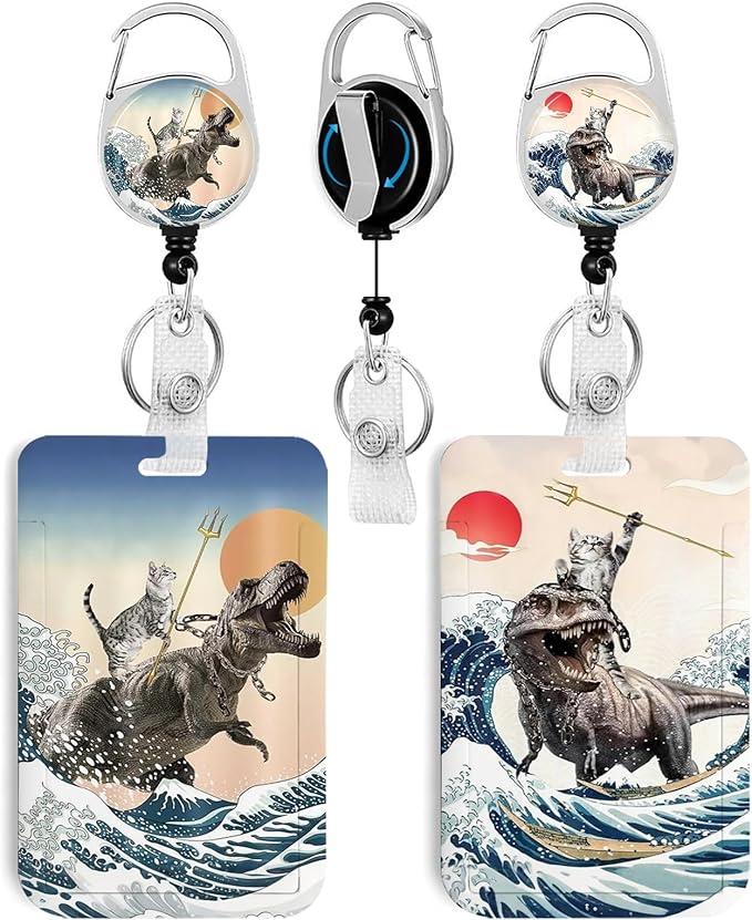 2 Pack Funny Surfing Cat ID Badge Holder with Heavy Duty Retractable Reel Keychain for WomenStudents,Teachers, Nurses, Office Use