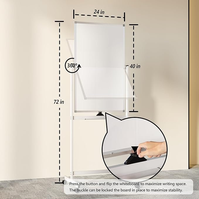 Rolling Whiteboard on Wheels, 40" x 24" Double-Sided Mobile Magnetic White Board with Stand, Portable Standing Dry Erase Board Easel for Home Office Classroom School, Silver