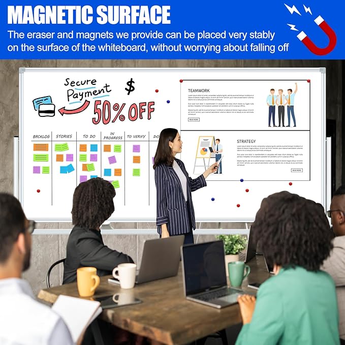 Double-Sided Magnetic White Board 96"x48" Dry Erase Whiteboard, Large Rolling White Boards on Wheels, 8' x 4' Whiteboard with Stand for Office, School, Home. Including Eraser, Marker, Magnet