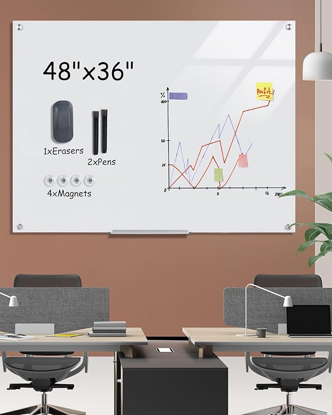 Mifuro Magnetic Glass Whiteboard，48"x36" Wall Mounted Frameless Dry Erase Board for Office, Home & School Ultra White