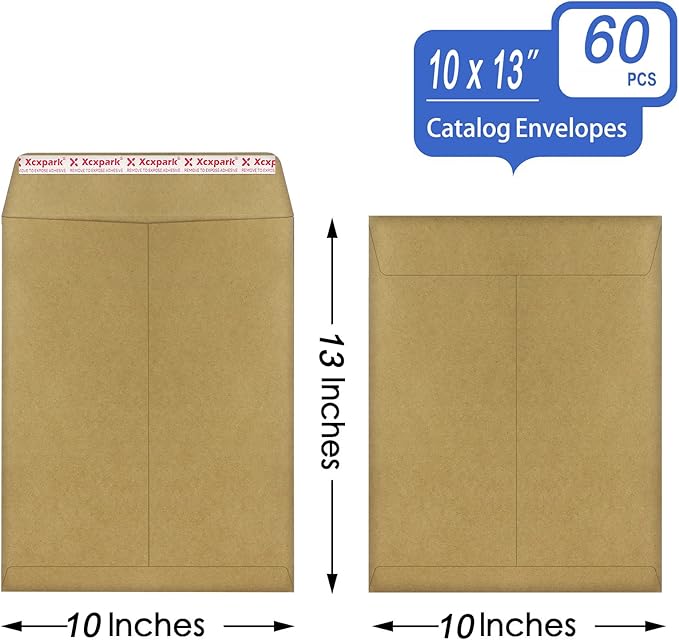 Xxcxpark 60 PCS 10x13 inches Security Catalog Envelopes Printable Self Seal Envelopes, Anti Tear Recycled Kraft Envelopes for Invitation Cards, Pictures, Photos, Documents