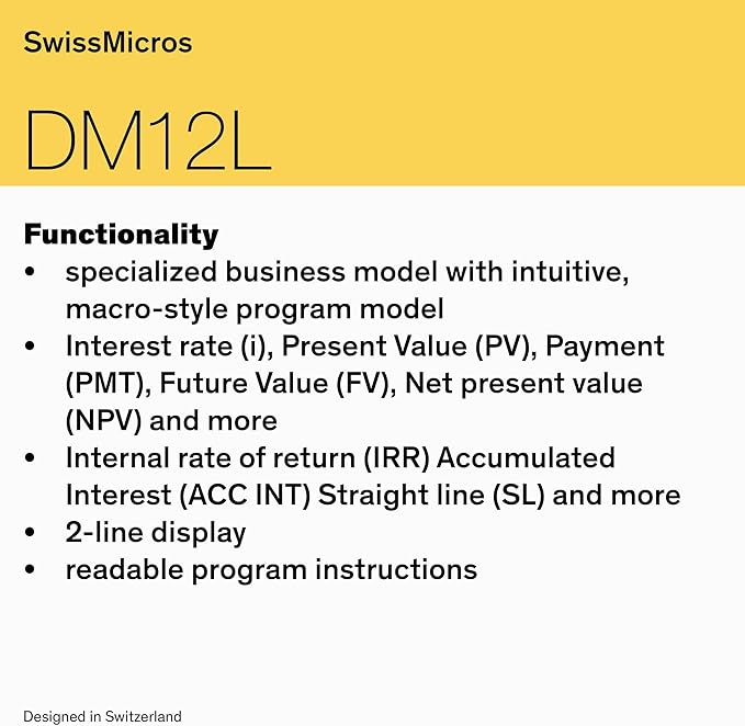 SwissMicros DM12L RPN Financial Calculator – HP 12C Inspired | Titanium Shell | TVM, NPV, IRR & Bonds | USB | Professional Gold Class